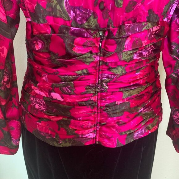 Silk Studios 80s Floral Velvet Dress Long Sleeve Ruched Midi Black Pink Size 10 - Picture 8 of 11